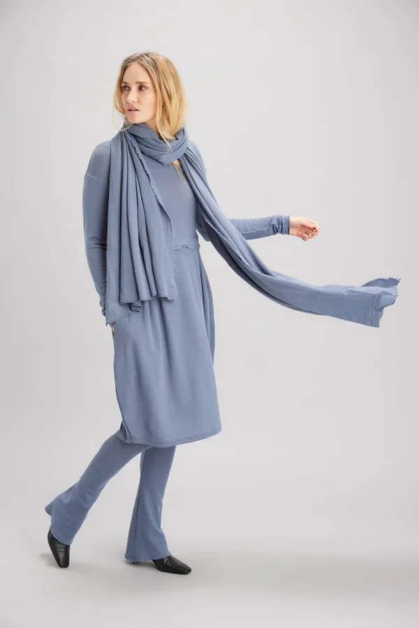 Merino Wool Blusbar Dress with Pleats in Blue & Brown