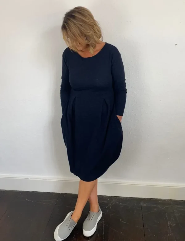 Merino Wool Blusbar Dress with Pleats in Blue & Brown