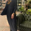 Merino Wool Long Blusbar Dress with Pleats & High Neck in Blue