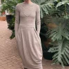 Merino Wool Long Blusbar Dress with Pleats & High Neck in Elephant Mel