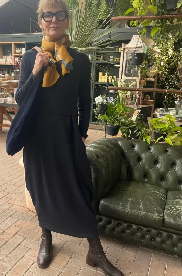 Merino Wool Long Blusbar Dress with Pleats & High Neck in Blue
