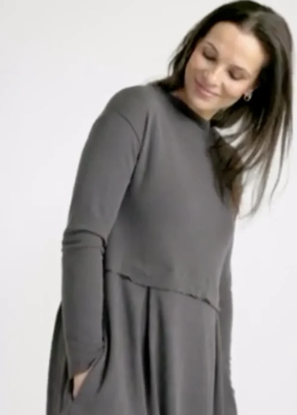 Merino Wool Long Blusbar Dress with Pleats & High Neck in Elephant Mel