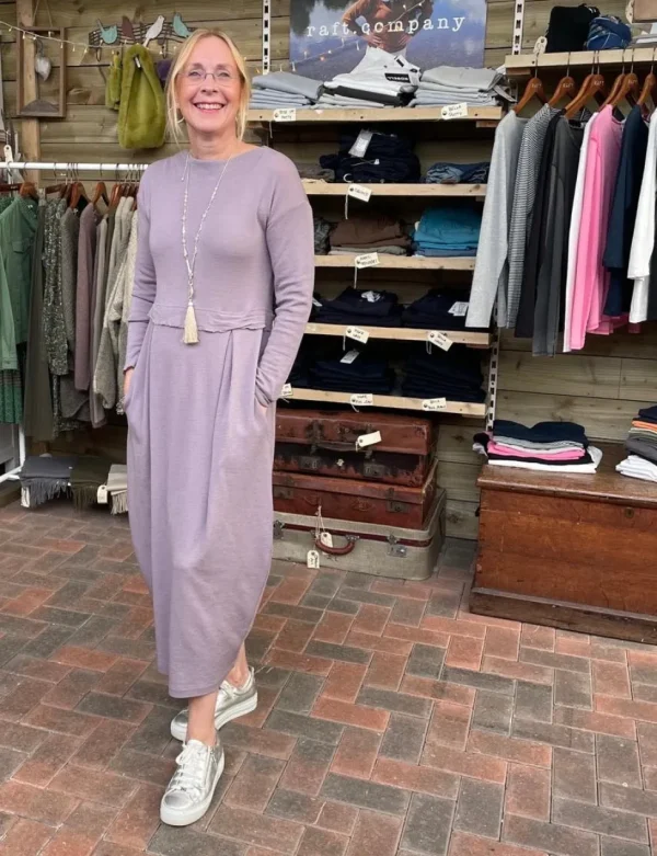 Merino Wool Long Blusbar Dress with Pleats & High Neck in Elephant Mel