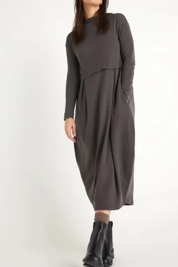 Merino Wool Long Blusbar Dress with Pleats & High Neck in Elephant Mel