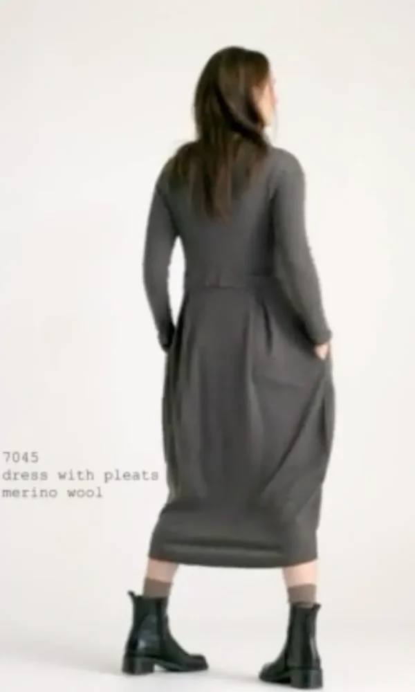Merino Wool Long Blusbar Dress with Pleats & High Neck in Elephant Mel