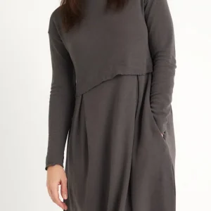Merino Wool Long Blusbar Dress with Pleats & High Neck in Elephant Mel