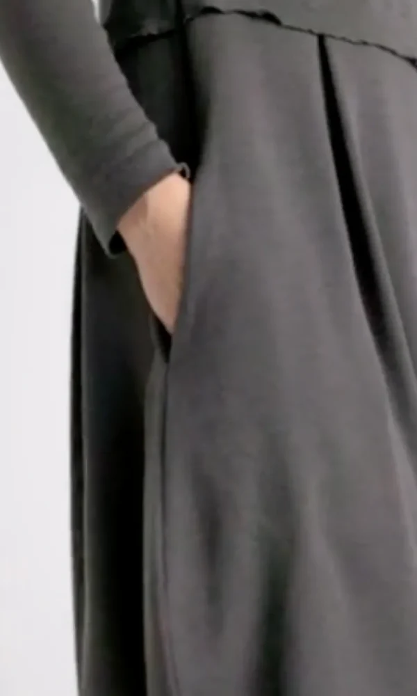 Merino Wool Long Blusbar Dress with Pleats & High Neck in Elephant Mel