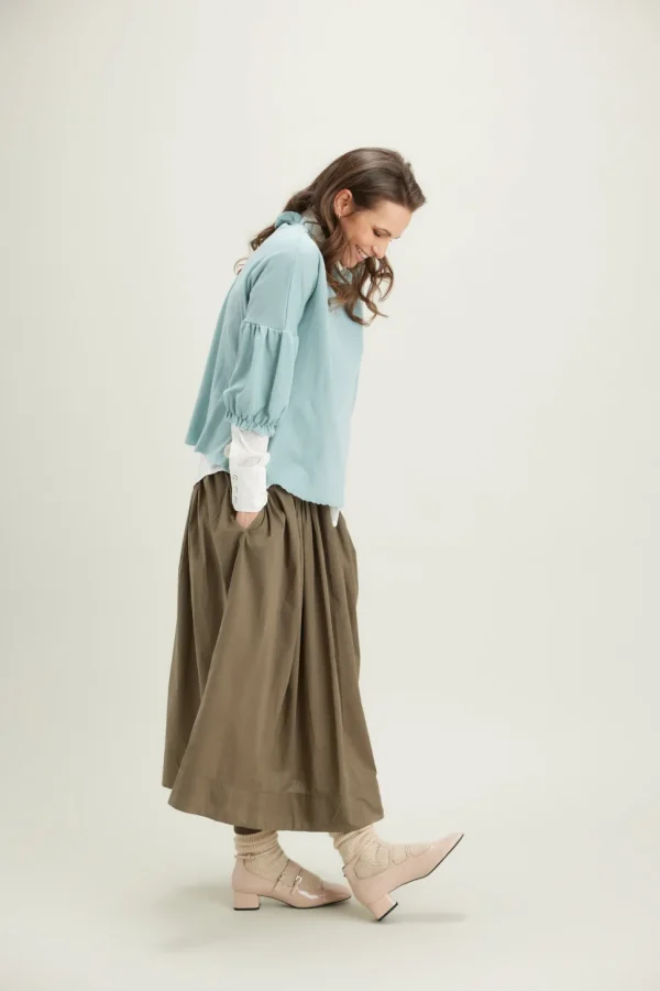 Merino Wool Ruffle Neck Wide Top in Indigo Blue and Earth Brown