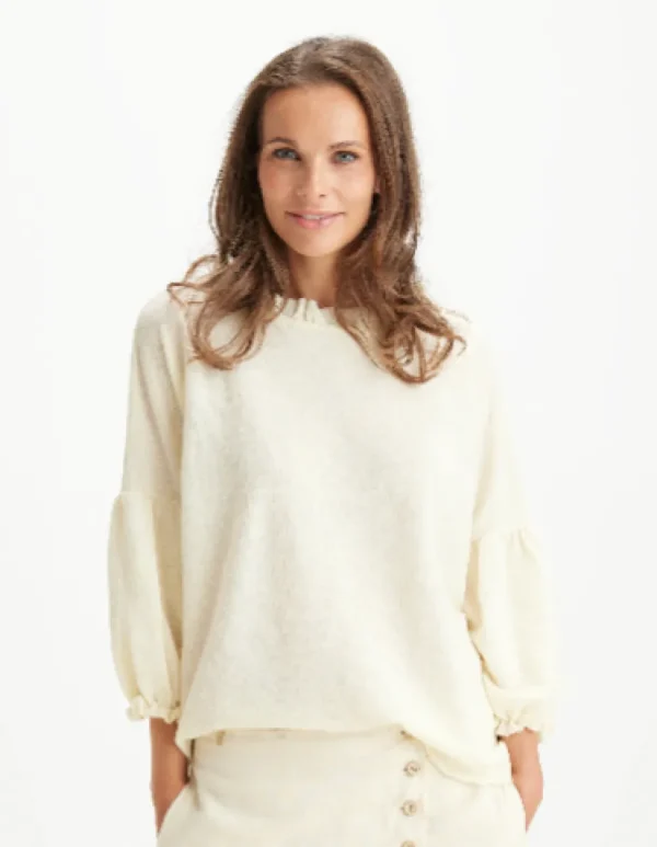 Merino Wool Ruffle Neck Wide Top in Indigo Blue and Earth Brown