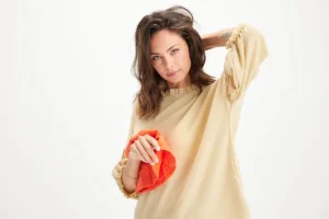 Merino Wool Ruffle Neck Wide Top in Indigo Blue and Earth Brown
