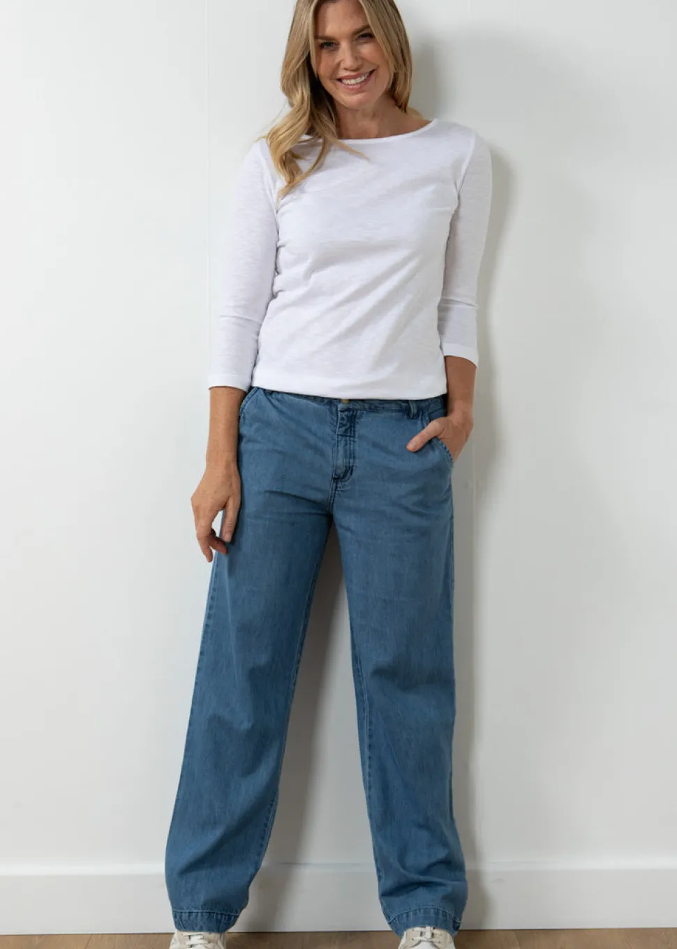 monica_organic_cotton__sl_2.webp Monica Organic Cotton 3/4 Sleeve Top in White