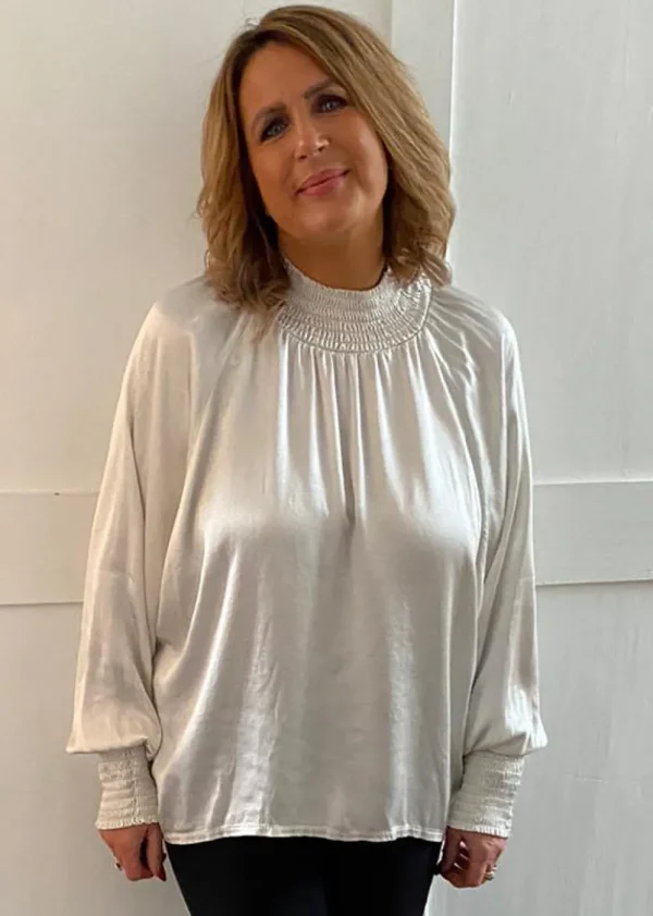 Rouched Neck and Cuff Satin Top in Black