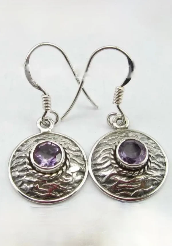 Solid Silver Amethyst Basket Weave Disc Drop Earrings