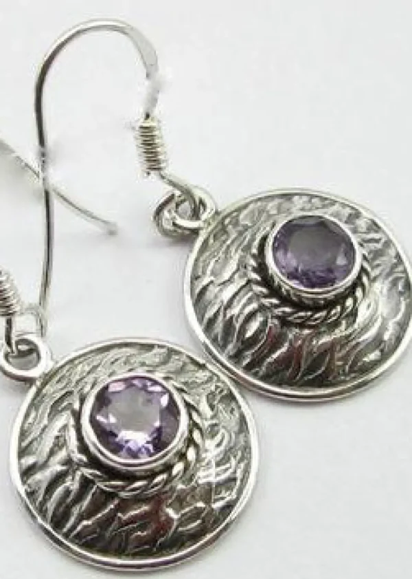 Solid Silver Amethyst Basket Weave Disc Drop Earrings