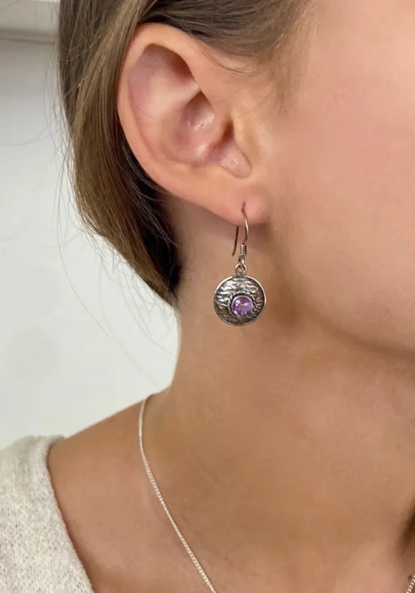 Solid Silver Amethyst Basket Weave Disc Drop Earrings
