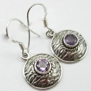 Solid Silver Amethyst Basket Weave Disc Drop Earrings