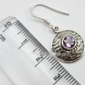 Solid Silver Amethyst Basket Weave Disc Drop Earrings