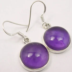 Solid Silver Amethyst Cabochon Disc Drop Earrings