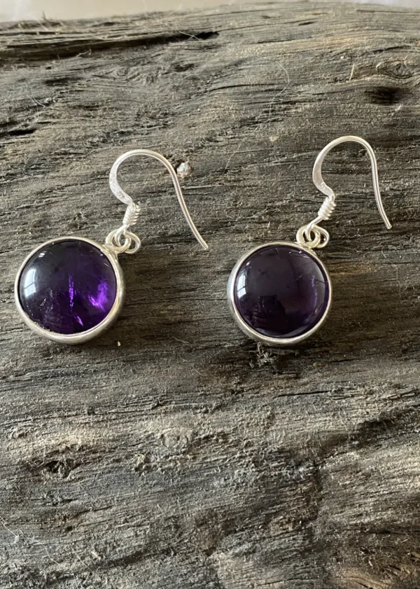 Solid Silver Amethyst Cabochon Disc Drop Earrings