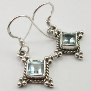 Solid Silver Blue Topaz Diamond shaped Drop Earrings