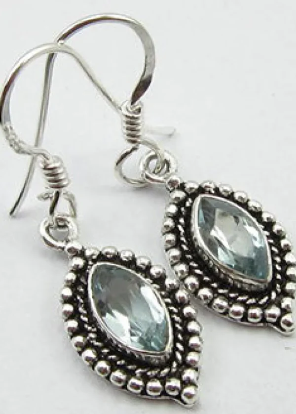 Solid Silver Blue Topaz Ornate Drop Earrings