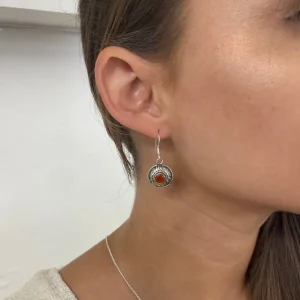Solid Silver Carnelian Basket Weave Disc Drop Earrings