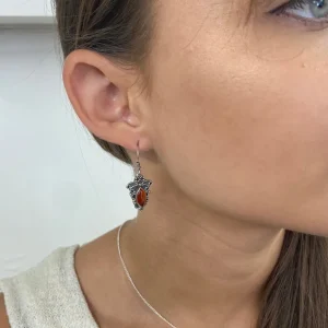Solid Silver Carnelian Ornate Scroll Drop Earrings