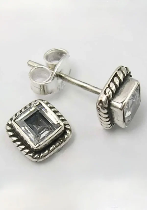 Solid Silver Cubic Zirconia Square Stud Earrings