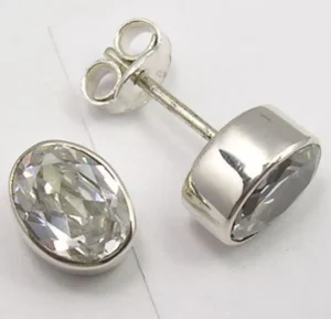 Solid Silver Cubic Zirconia Oval Stud Earrings