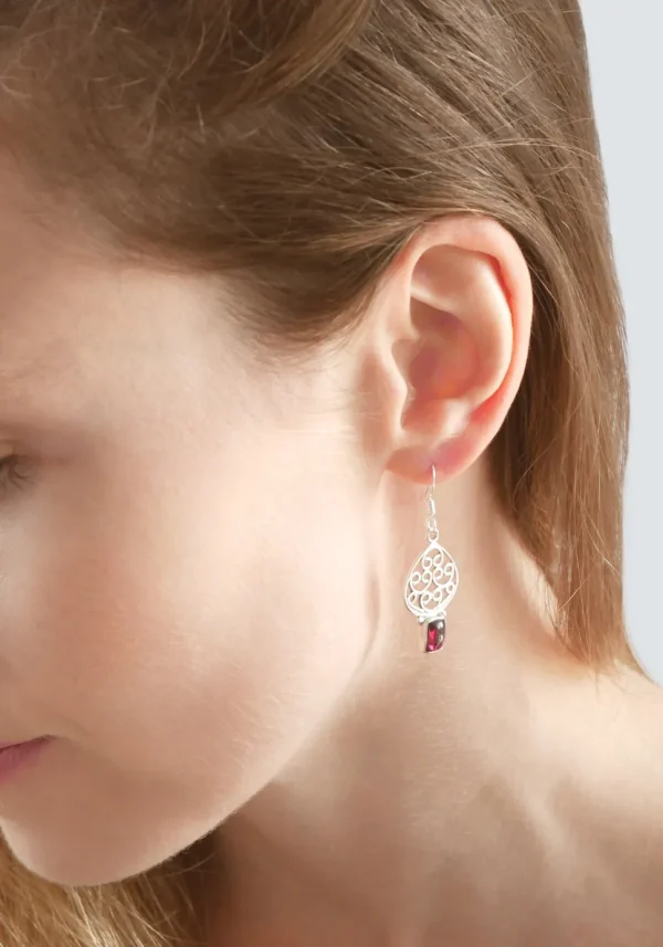 Solid Silver Garnet Moroccan Style Drop Earrings