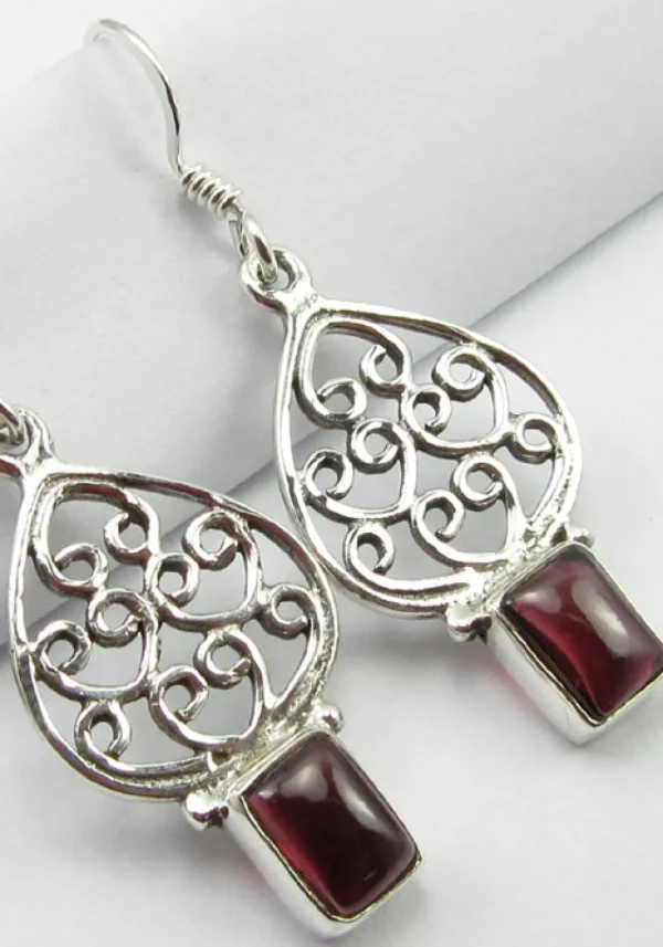 Solid Silver Garnet Moroccan Style Drop Earrings