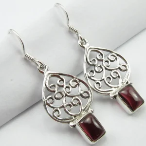 Solid Silver Garnet Moroccan Style Drop Earrings