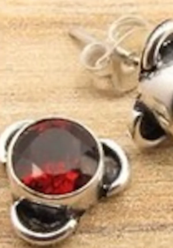 Solid Silver Garnet Stud Earrings with Triple Curve Frame