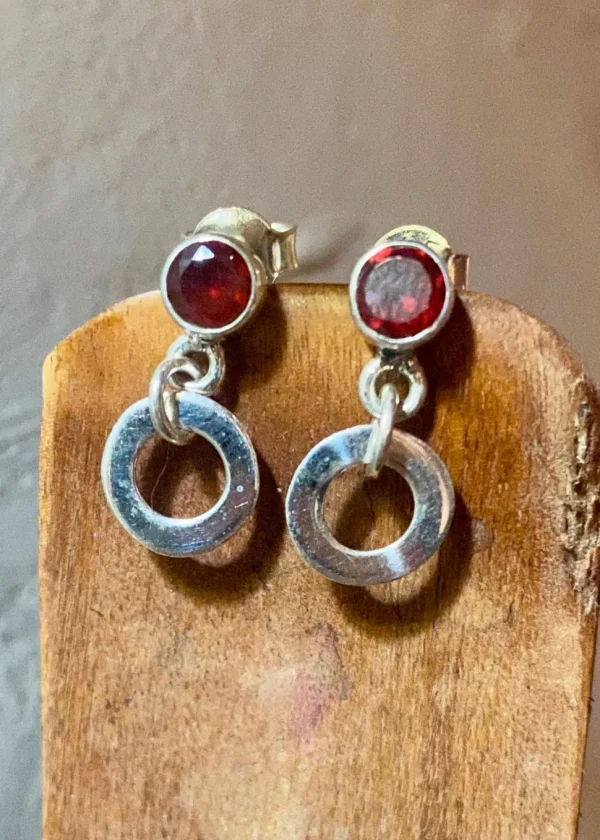 Solid Silver Garnet Stud Earrings with Loop Drop