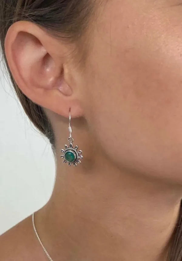 Solid Silver Green Onyx Flower Drop Earrings