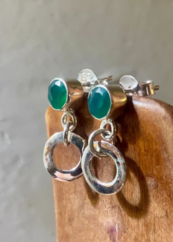 Solid Silver Green Onyx Stud Earrings with Loop Drop