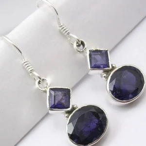 Solid Silver Iolite Diamond and Oval Drop Earrings