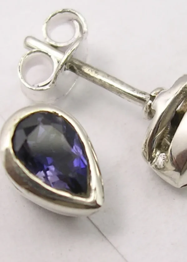 Solid Silver Iolite Tear-Drop Stud Earrings