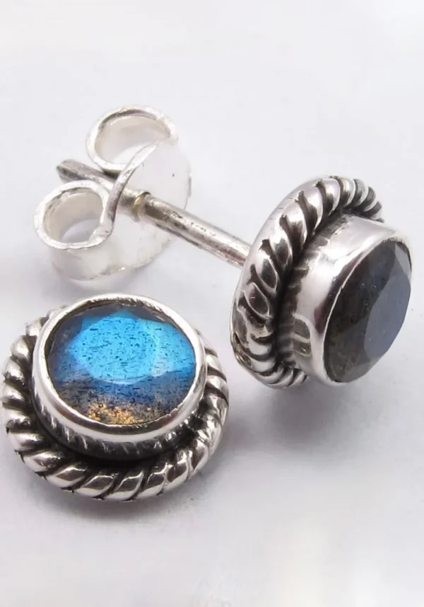 Solid Silver Labradorite Rope Edge Stud Earrings