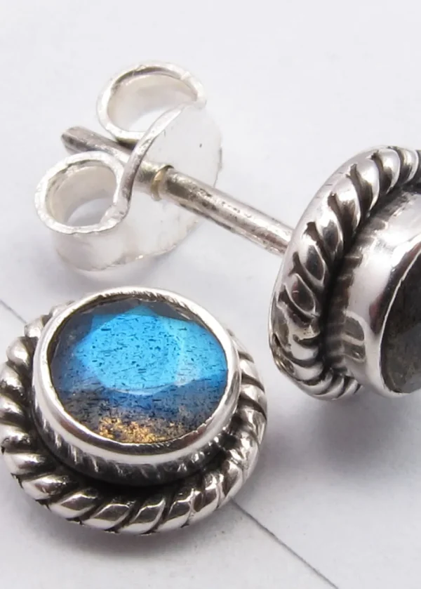 Solid Silver Labradorite Rope Edge Stud Earrings