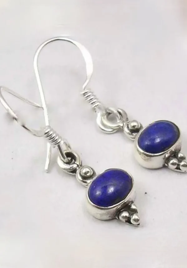 Solid Silver Lapis Lazuli Oval Cabachon Drop Earrings