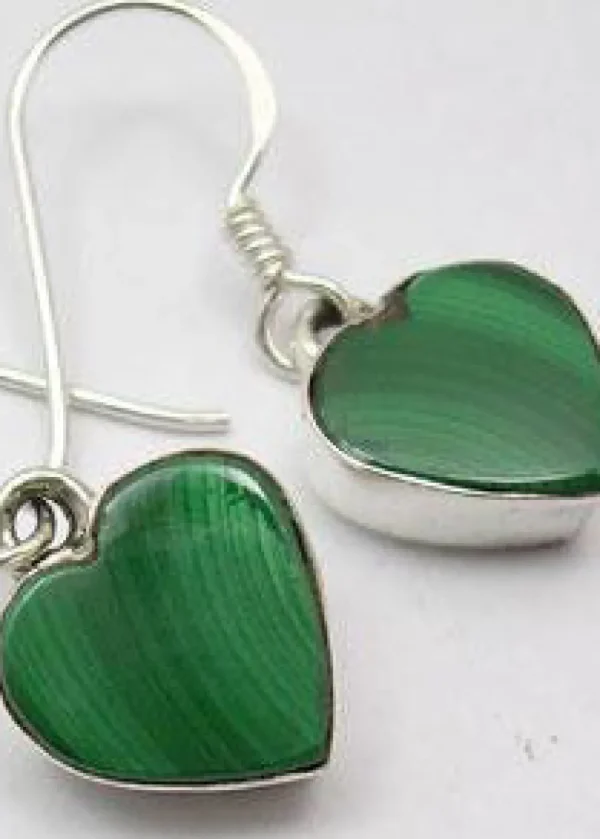 Solid Silver Malachite Heart Drop Earrings