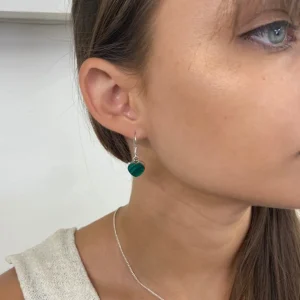 Solid Silver Malachite Heart Drop Earrings