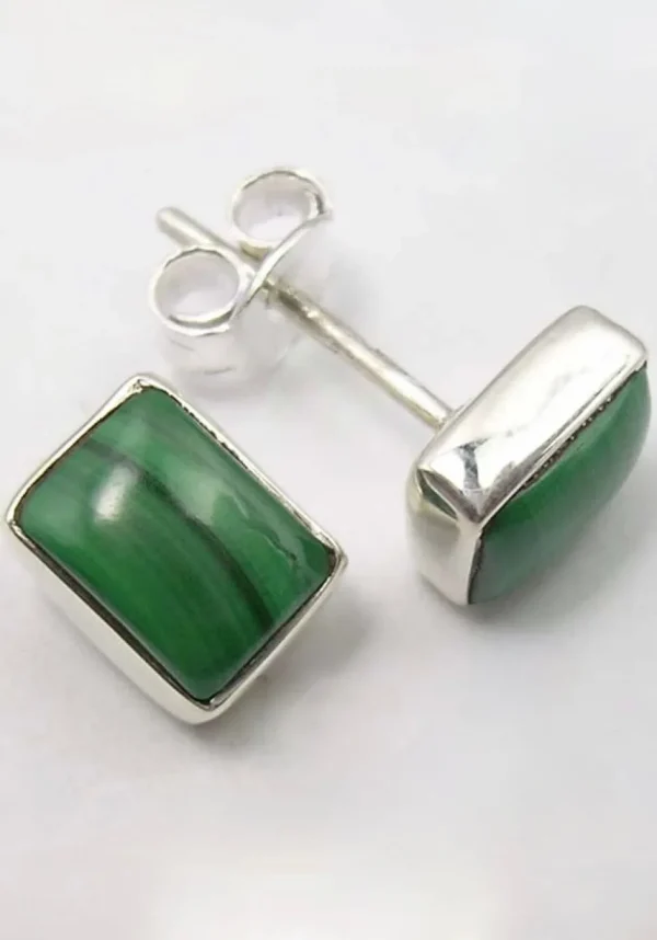 Solid Silver Malachite Oblong Stud Earrings