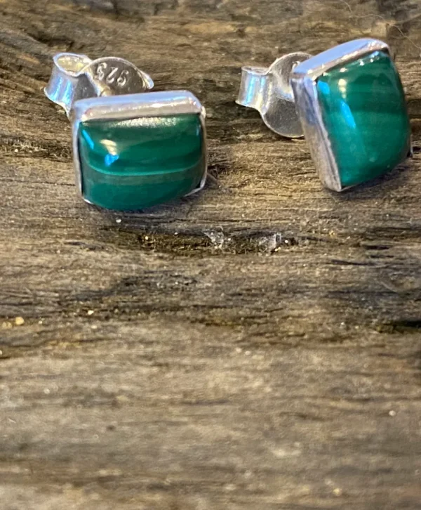 Solid Silver Malachite Oblong Stud Earrings