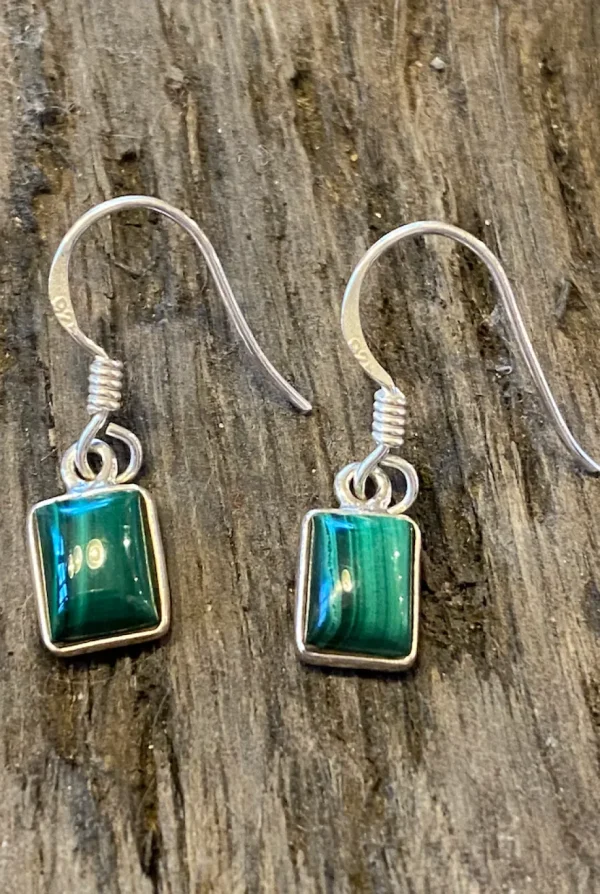 Solid Silver Malachite Oblong Drop Earrings