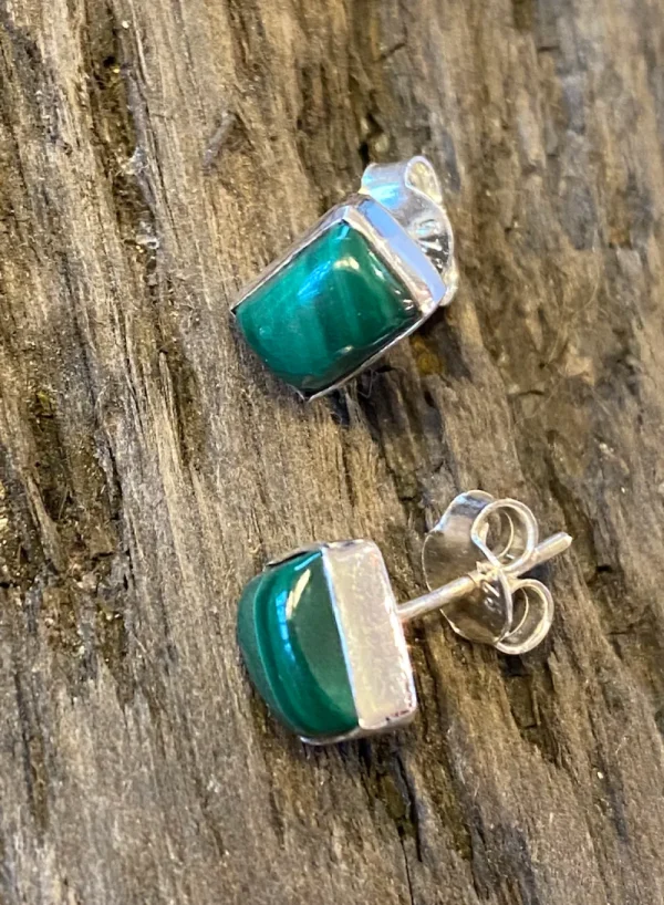 Solid Silver Malachite Oblong Stud Earrings