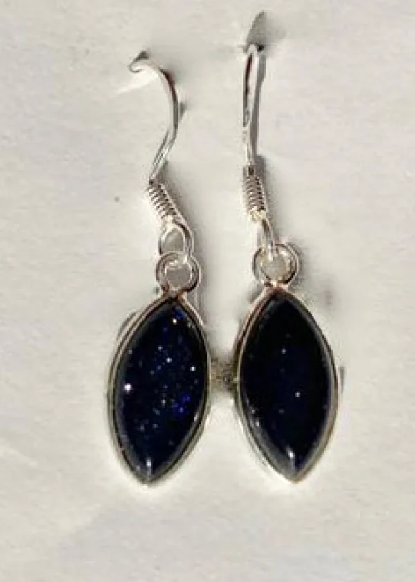 Solid Silver Marquise Shaped Blue Goldstone Drop Earrings