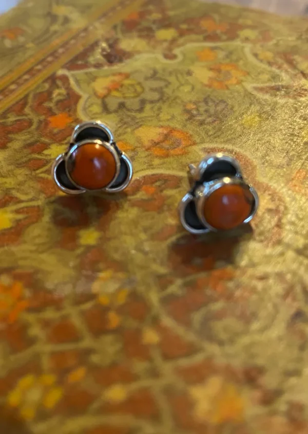 Solid Silver Orange Copper Turquoise Stud Earrings with Triple Curve F