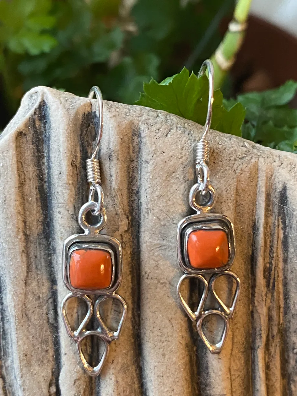 solid_silver_orange_coppe_0.webp Solid Silver Orange Copper Turquoise Drop Earrings with Triple Triangl